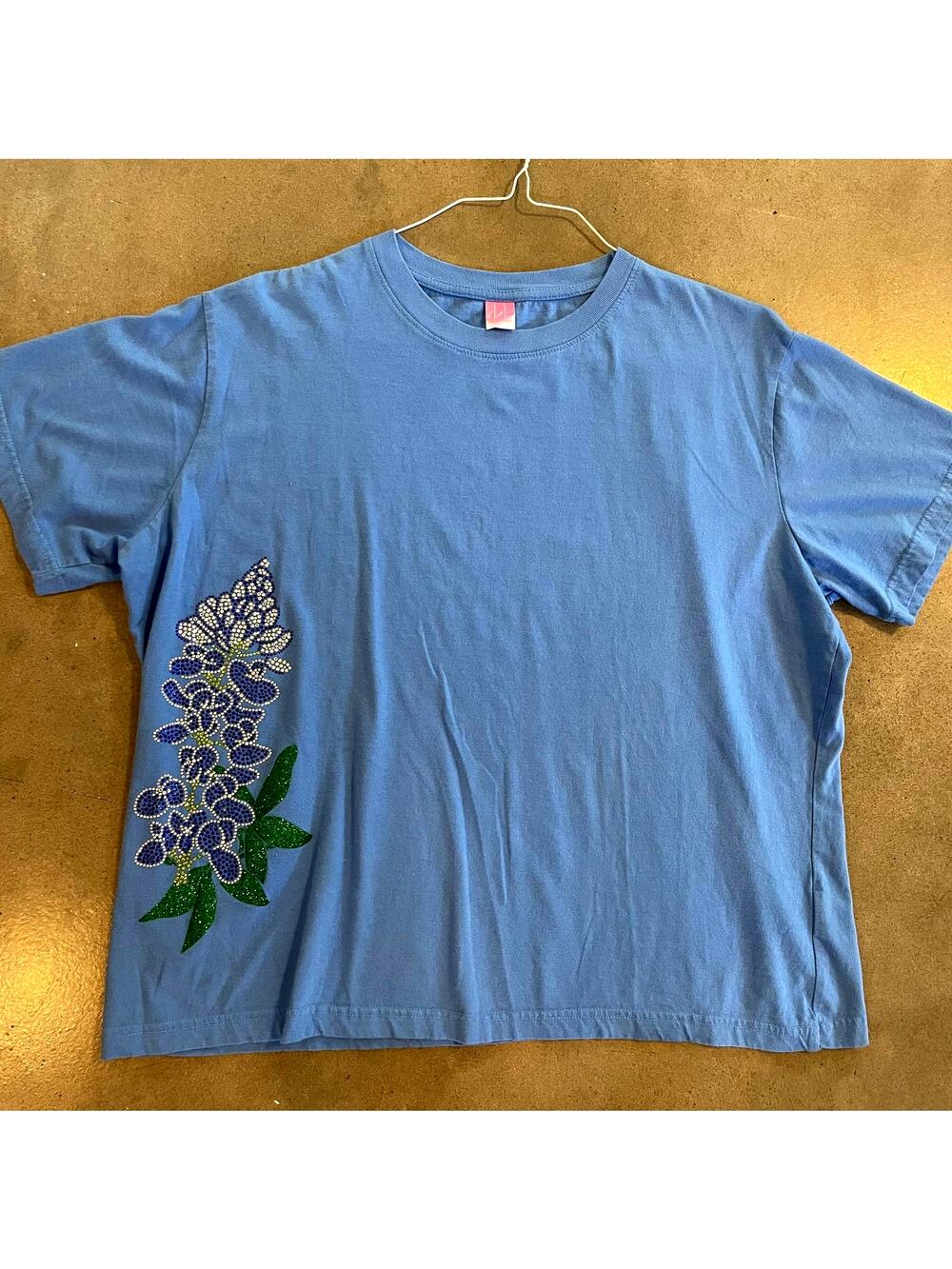 LAT Bluebonnet Texas rhinestone blue cotton top womens 2XL